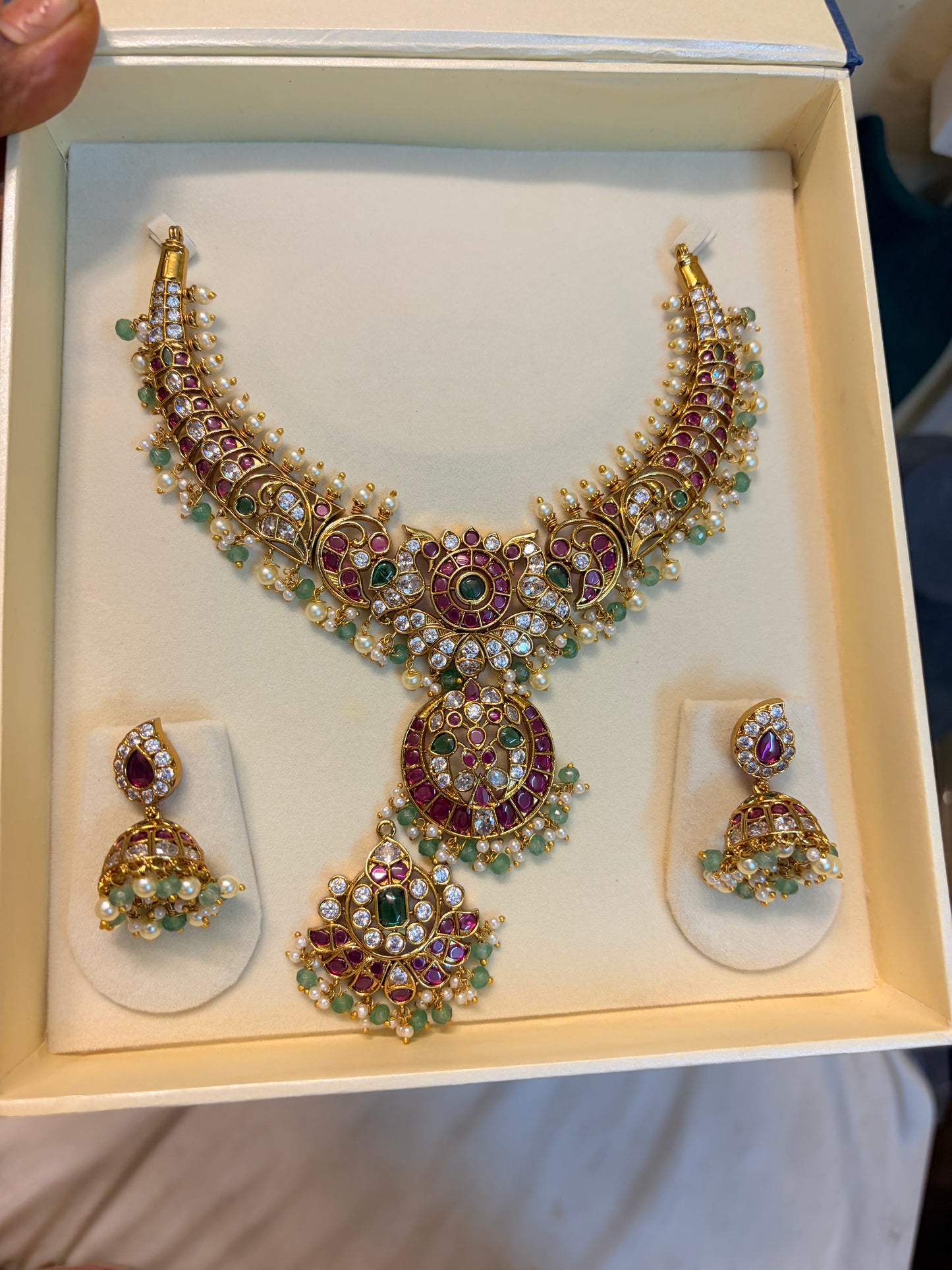 Ruby kemp stone jadau necklace set with detachable pendant