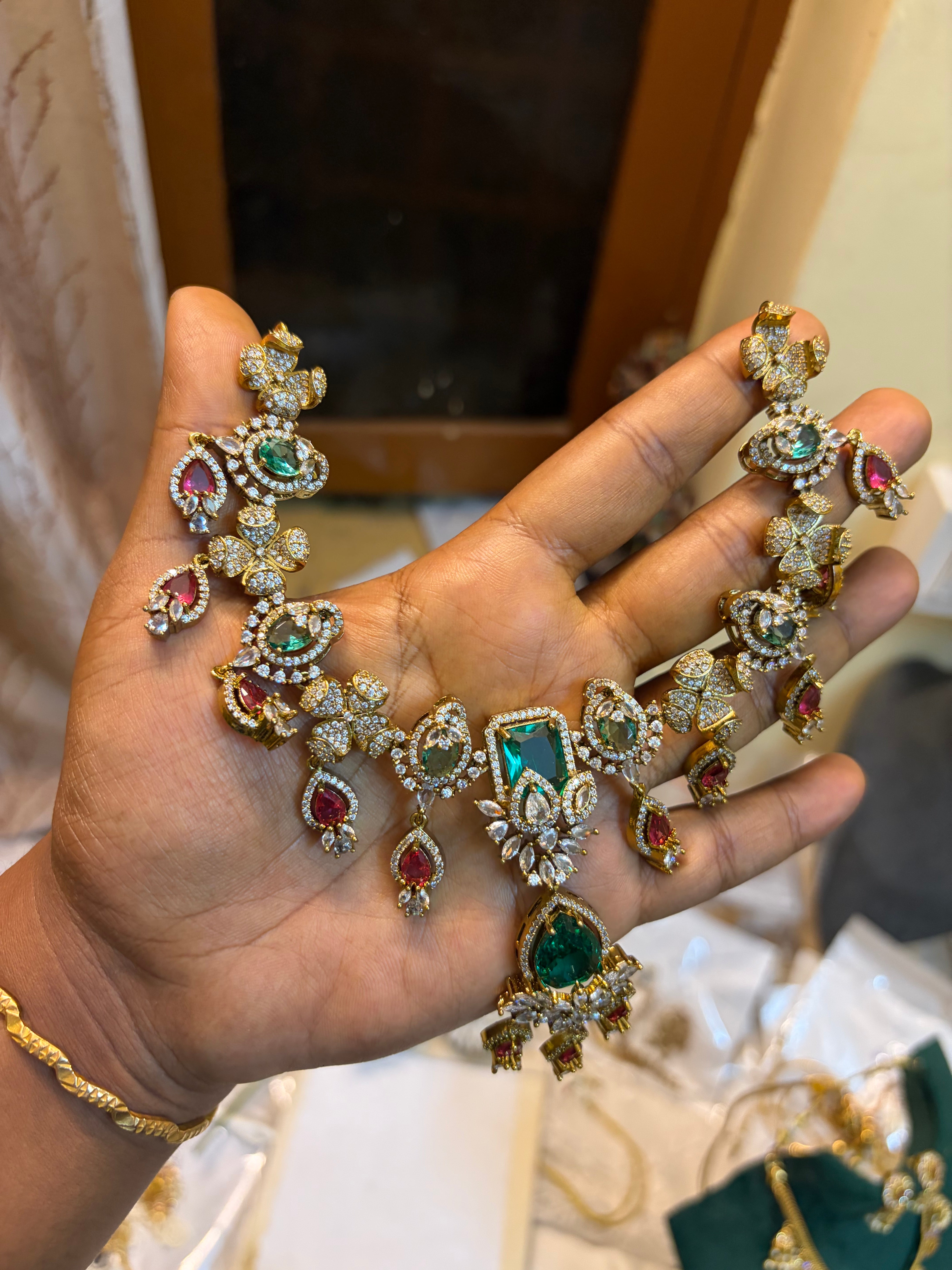 Moissanite jadau necklace set with ruby drops