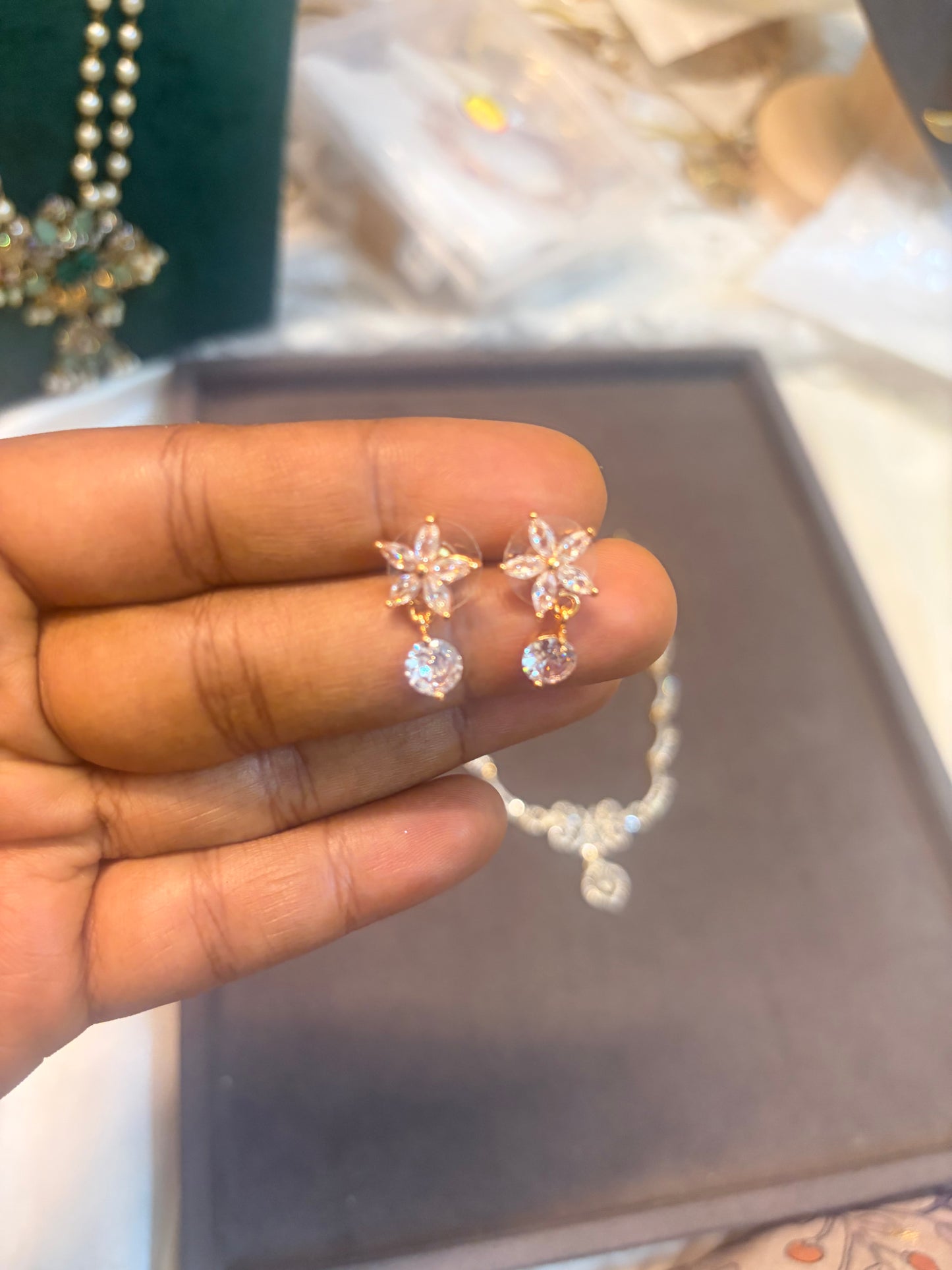 Crystal Blossom Drop stud earrings-Rose gold Finish