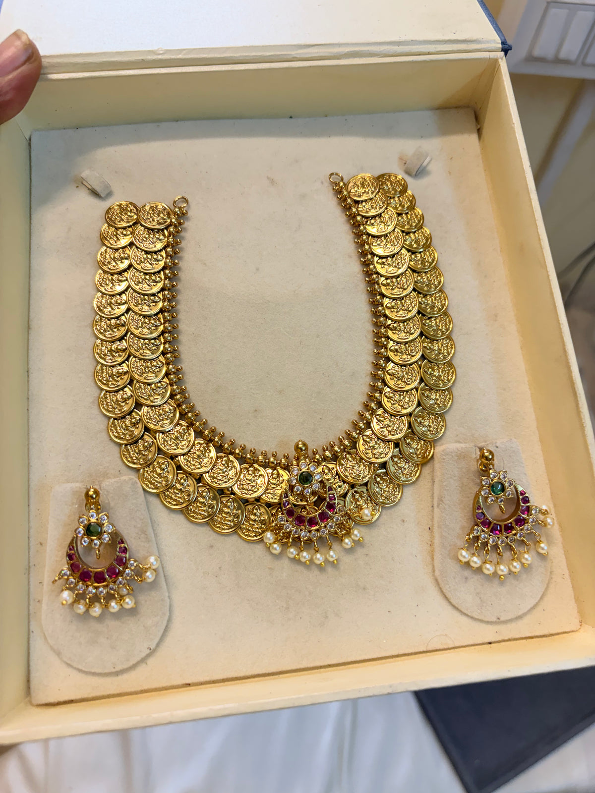 Gold inspired Lakshmi coin necklace set with kemp stones pendant