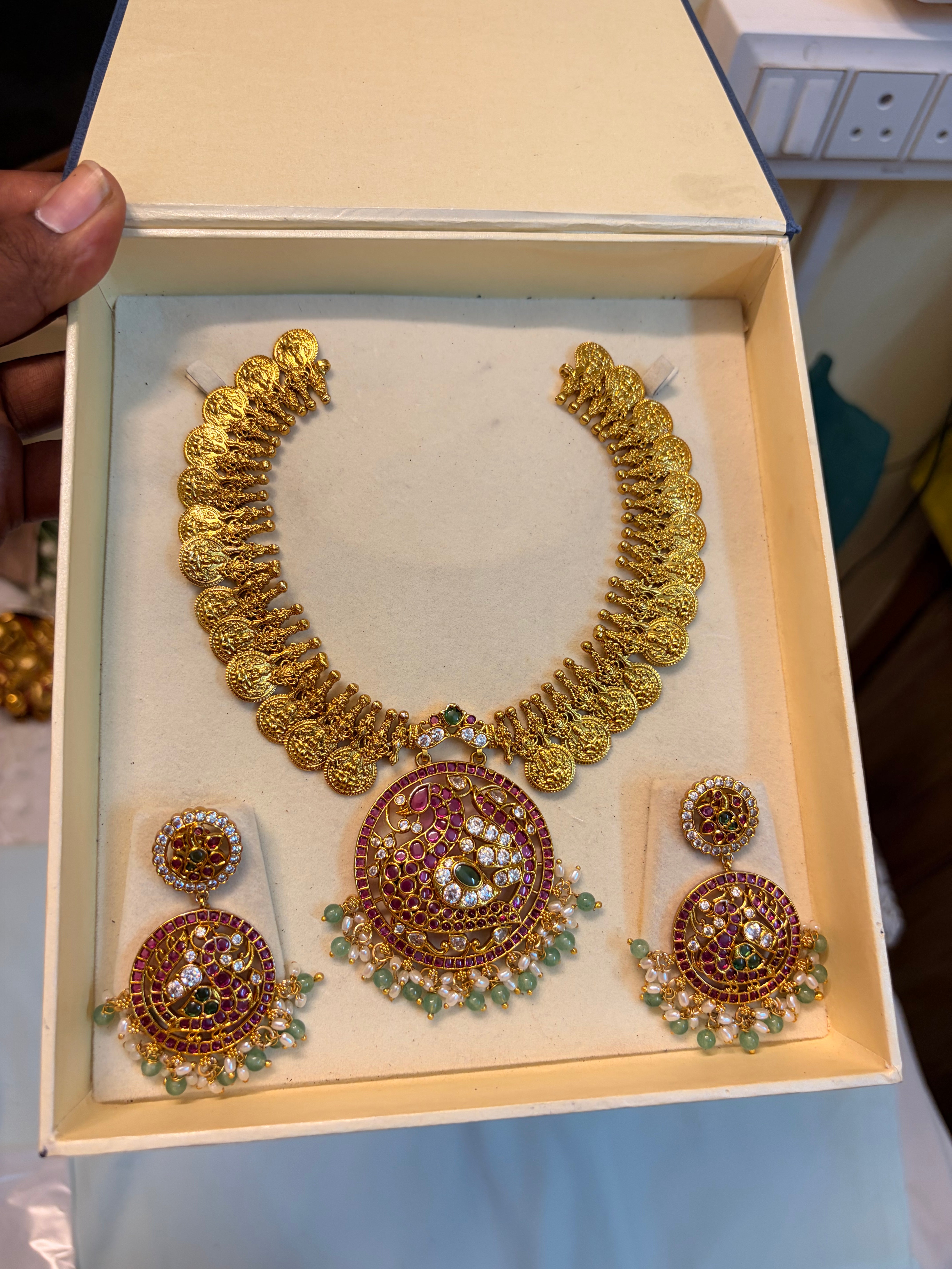 Peacock kemp stones Lakshmi coin jadau necklace set