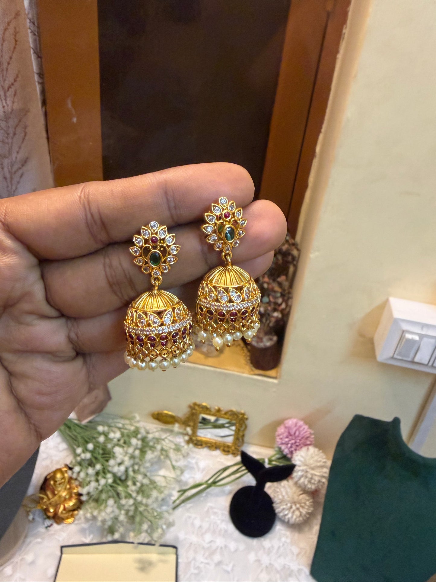 Cz gold antique pearl Jhumka