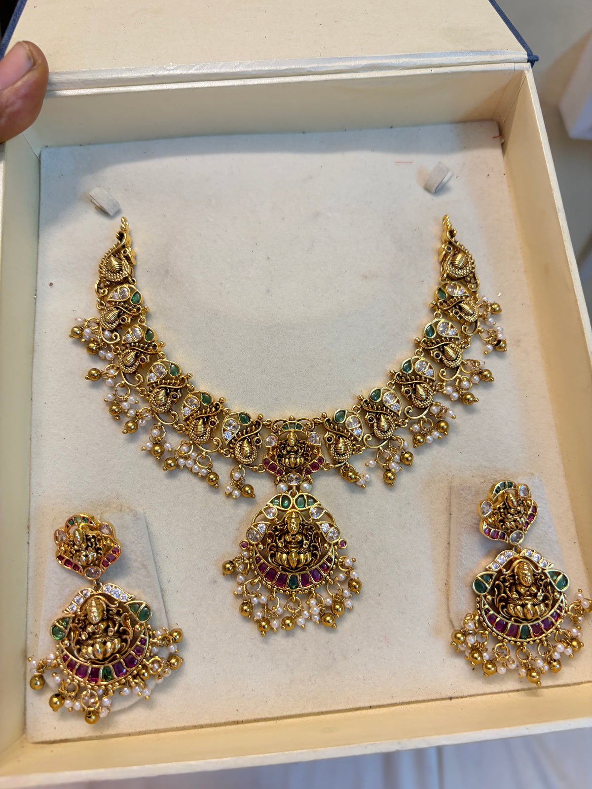Antique Gold Lakshmi Peacock Kemp Stone Necklace Set with Pearl Drops & Matching Earrings