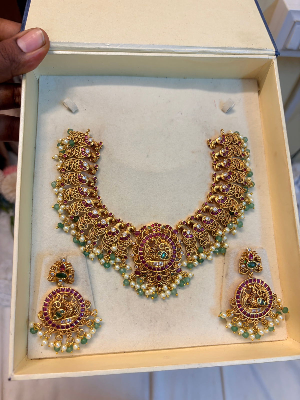 Gold antique finish peacock kemp stones necklace set premium quality
