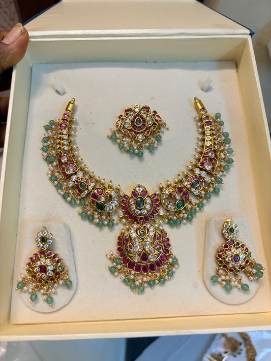 Real kemp stones jadau Kundan detachable necklace set