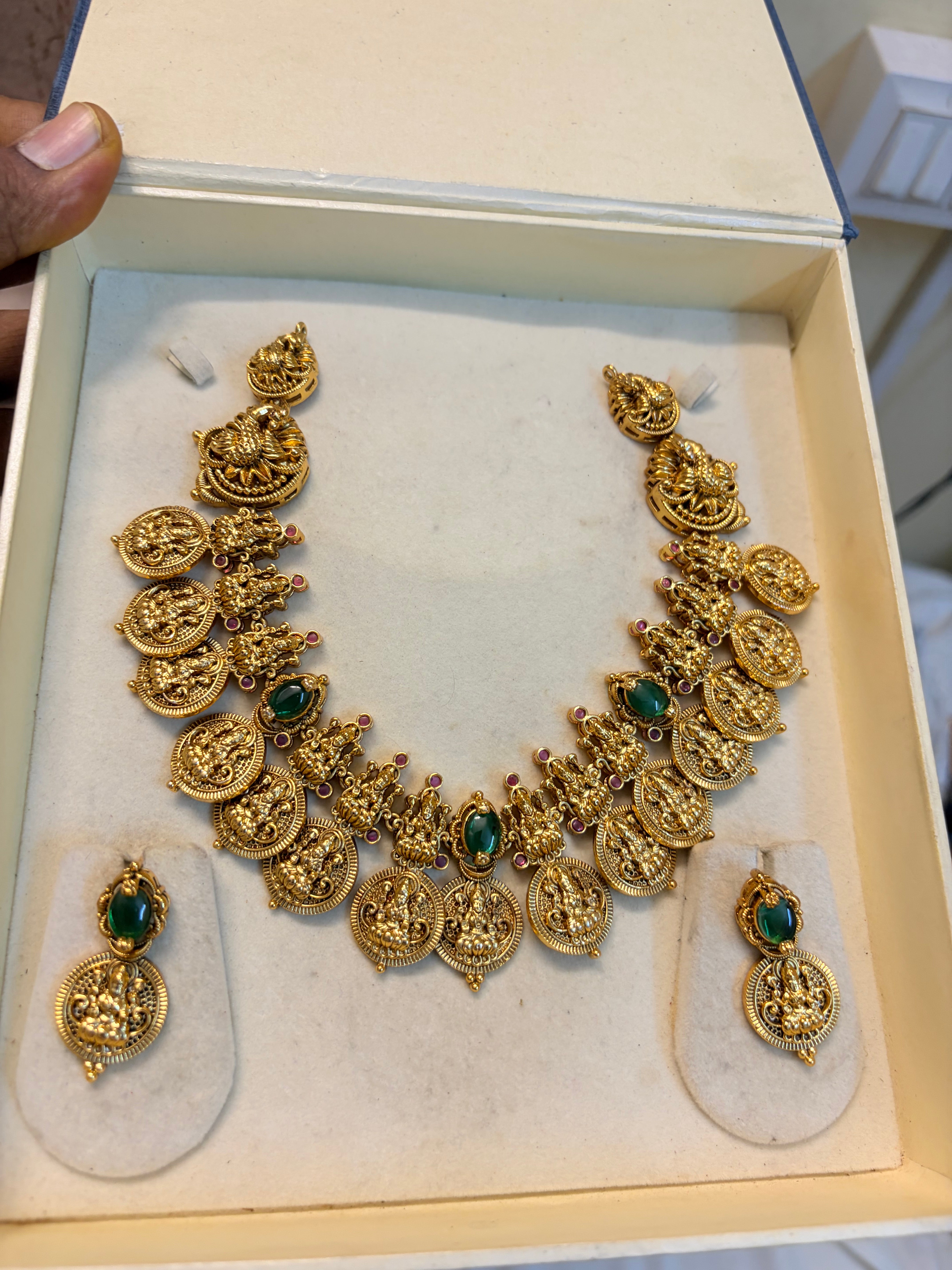 Gold antique finish jadau Lakshmi necklace set premium quality