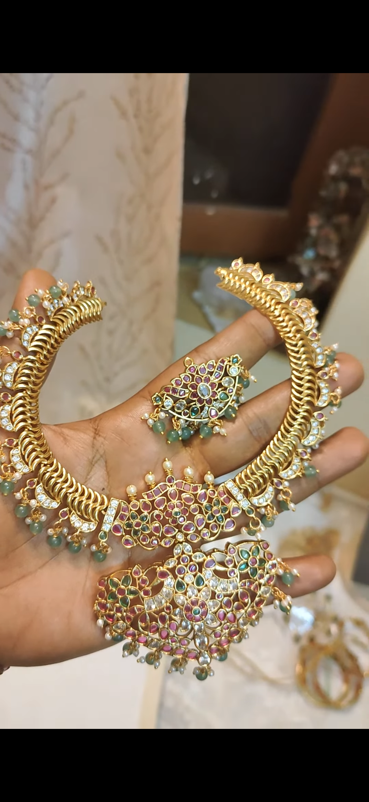 Real kemp stones jalebi necklace set with detachable pendant