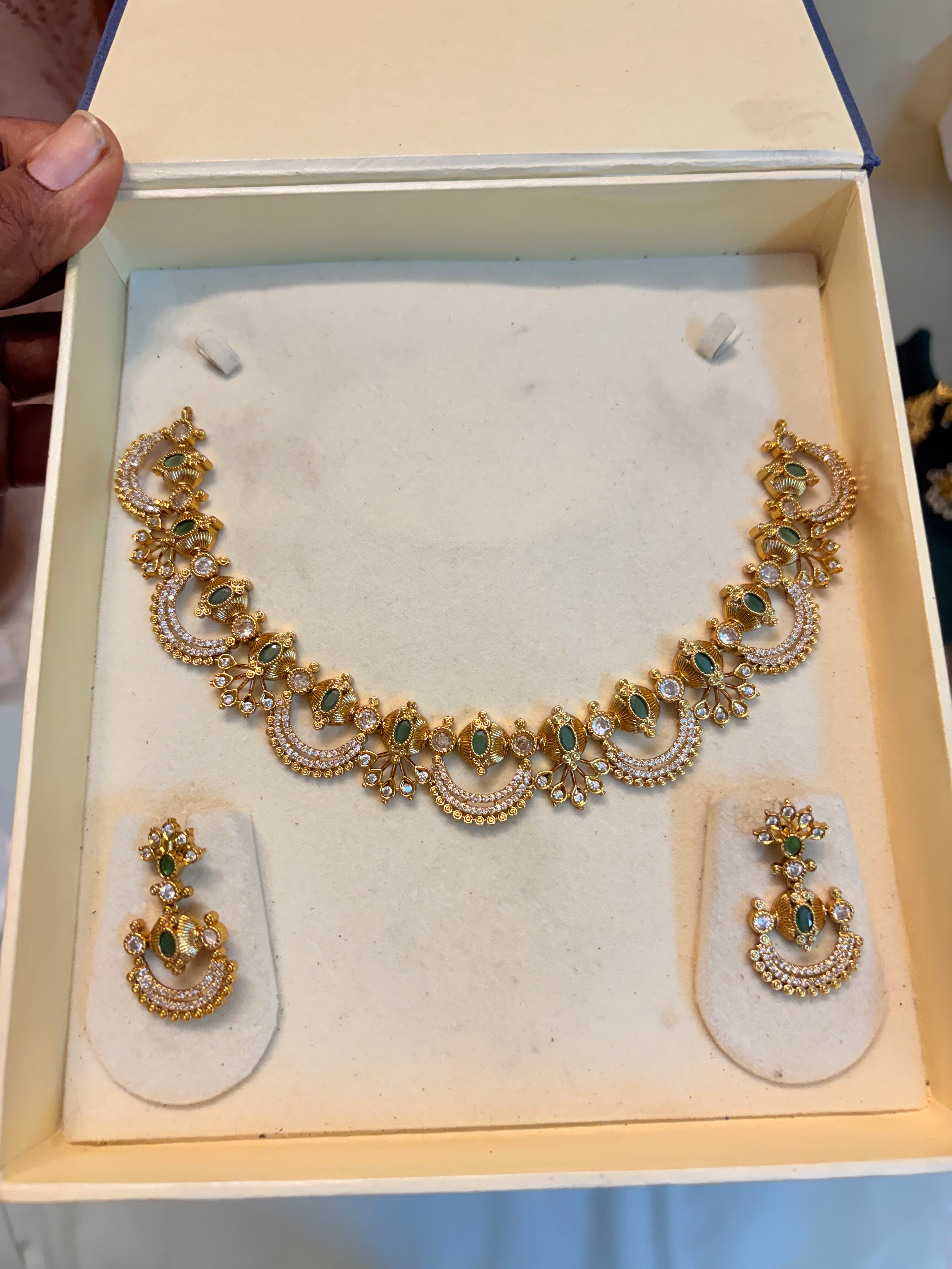 Emerald Cz gold antique finish jadau necklace set