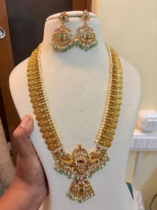 Gold antique finish Cz Lakshmi coin  haram