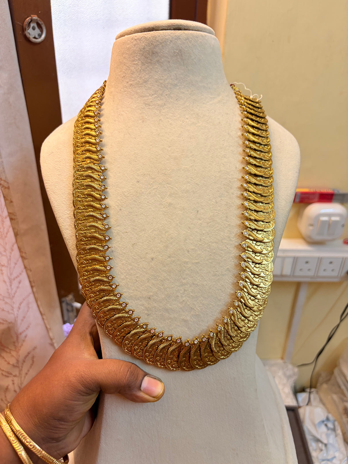 Gold antique finish brass made jadau peacock haram