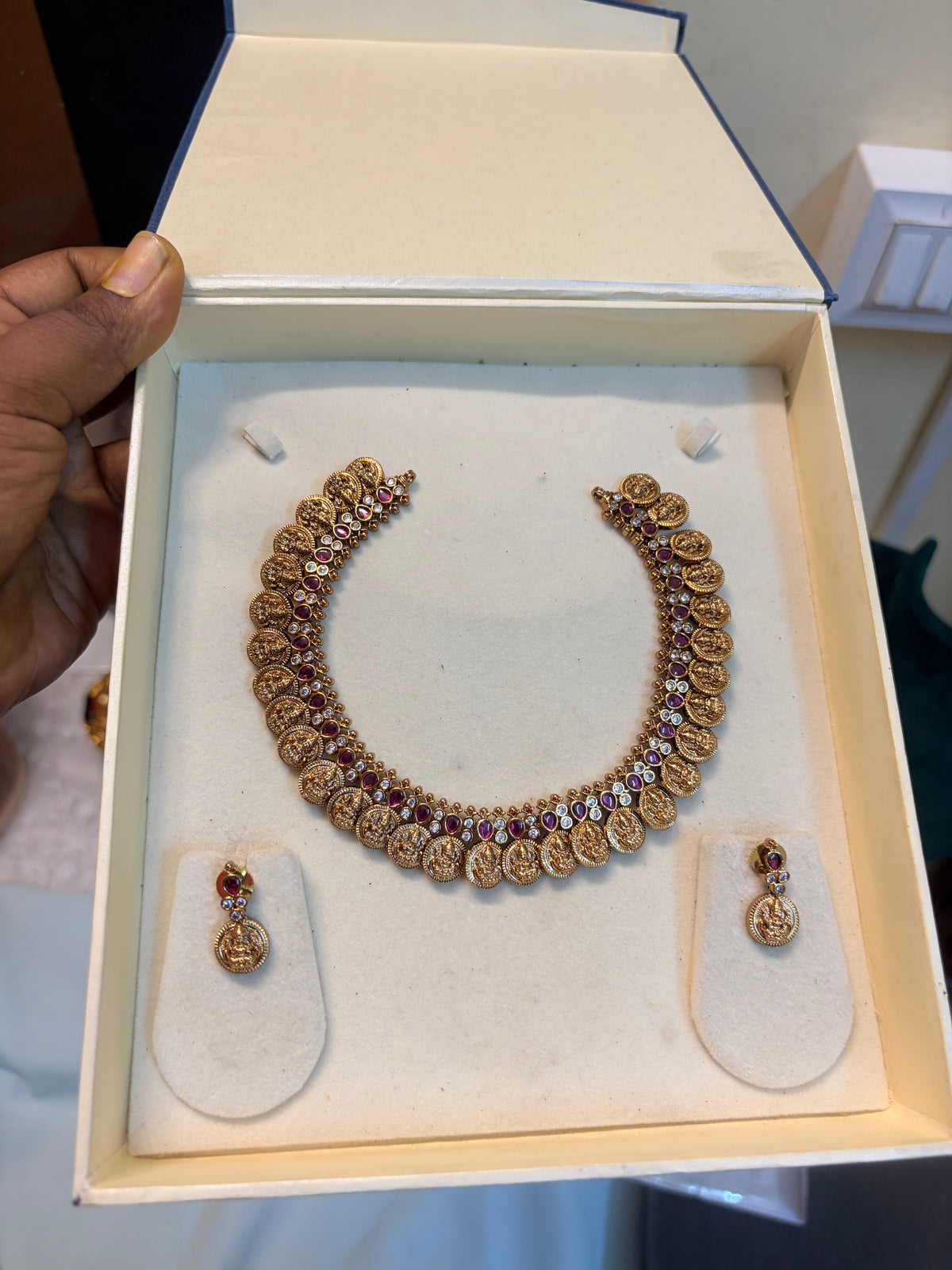 Real kemp stones gold antique finish Lakshmi coin necklace set
