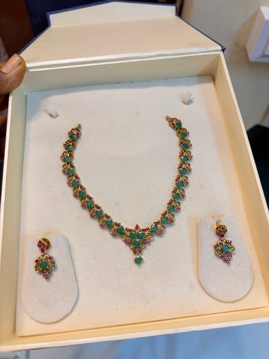 Emerald Ruby stones gold inspired necklace set