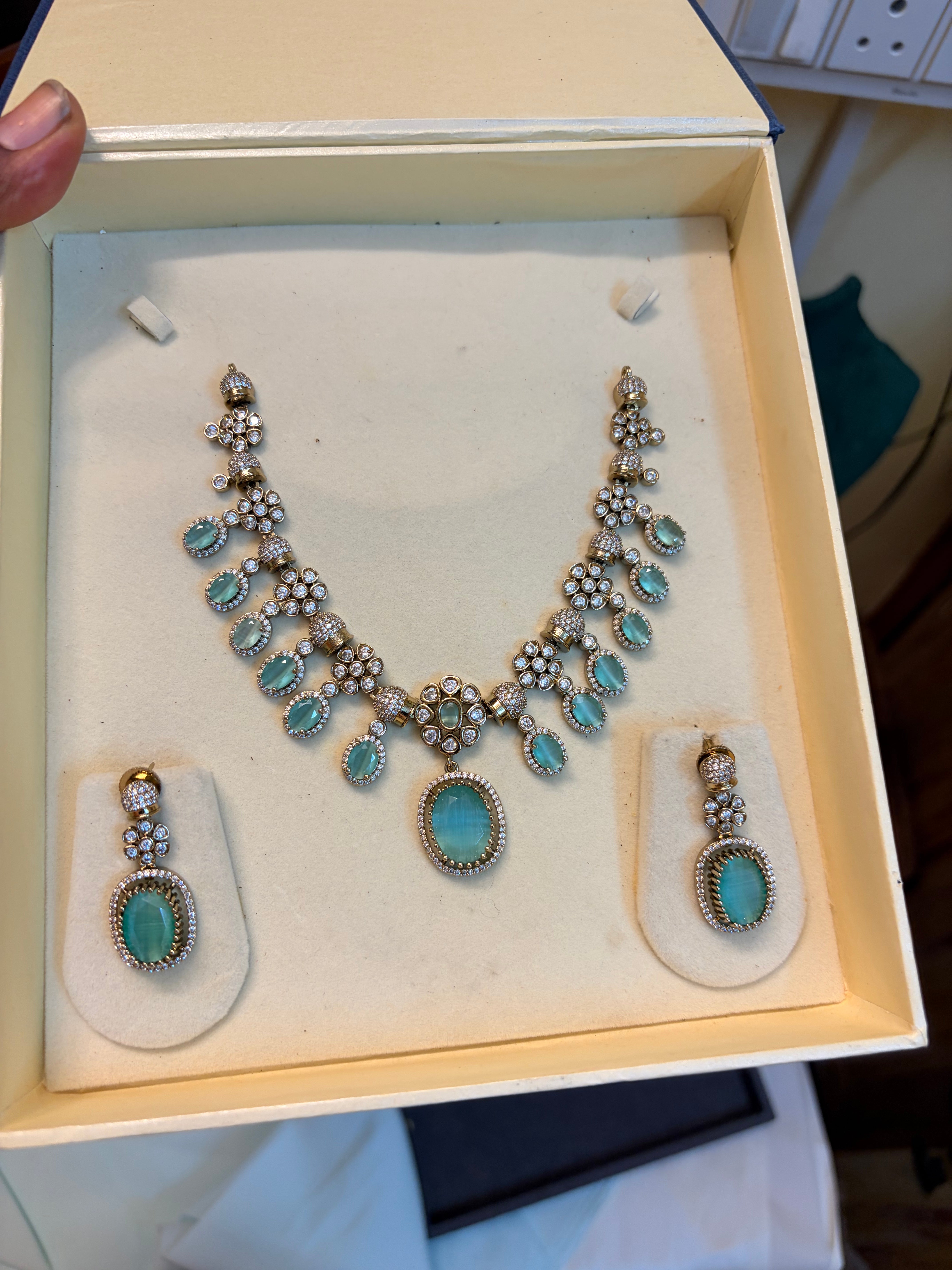 Aqua blue AD stones jadau necklace set