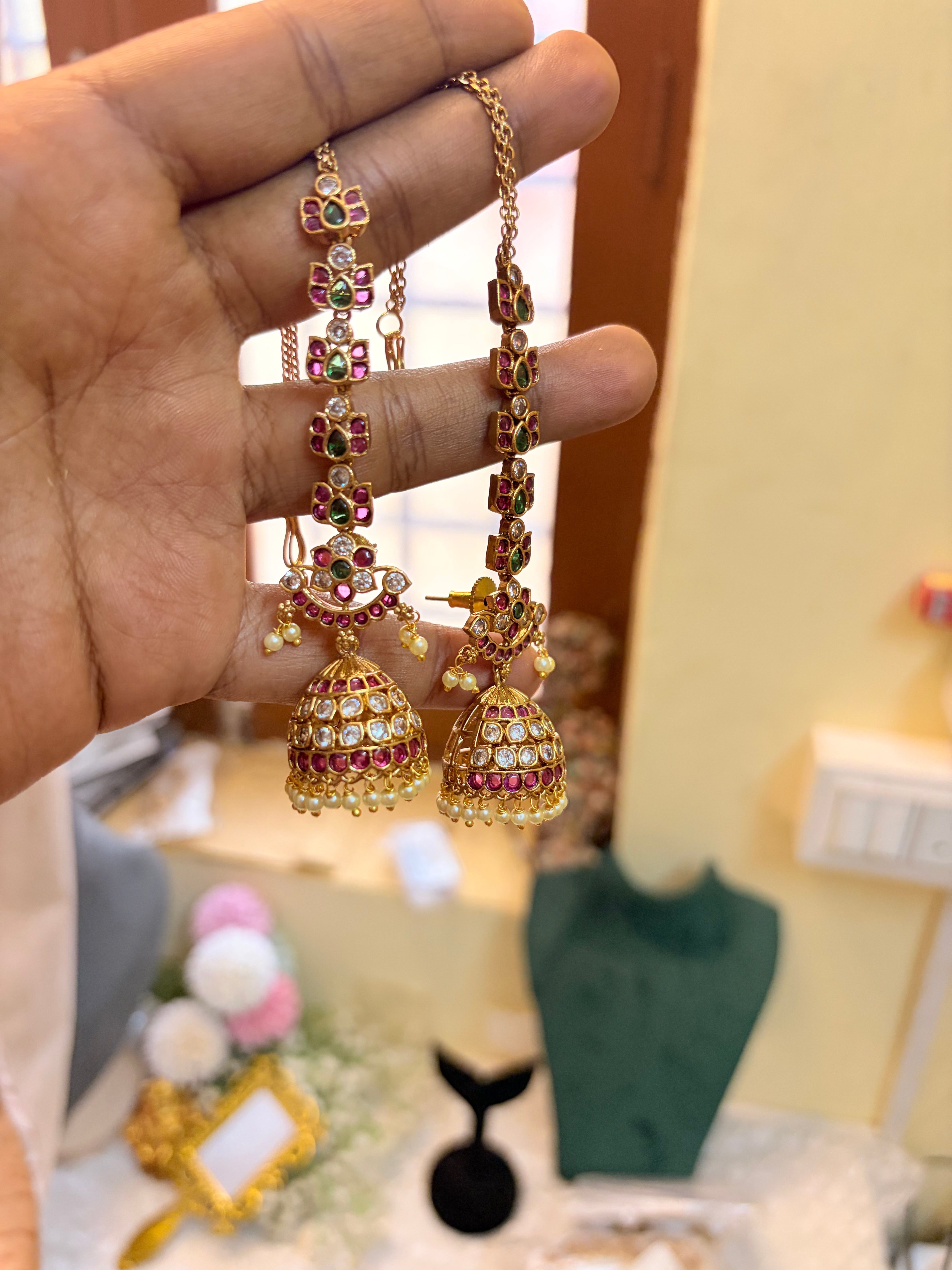 Real kemp stones jadau Jhumka with earchain attached