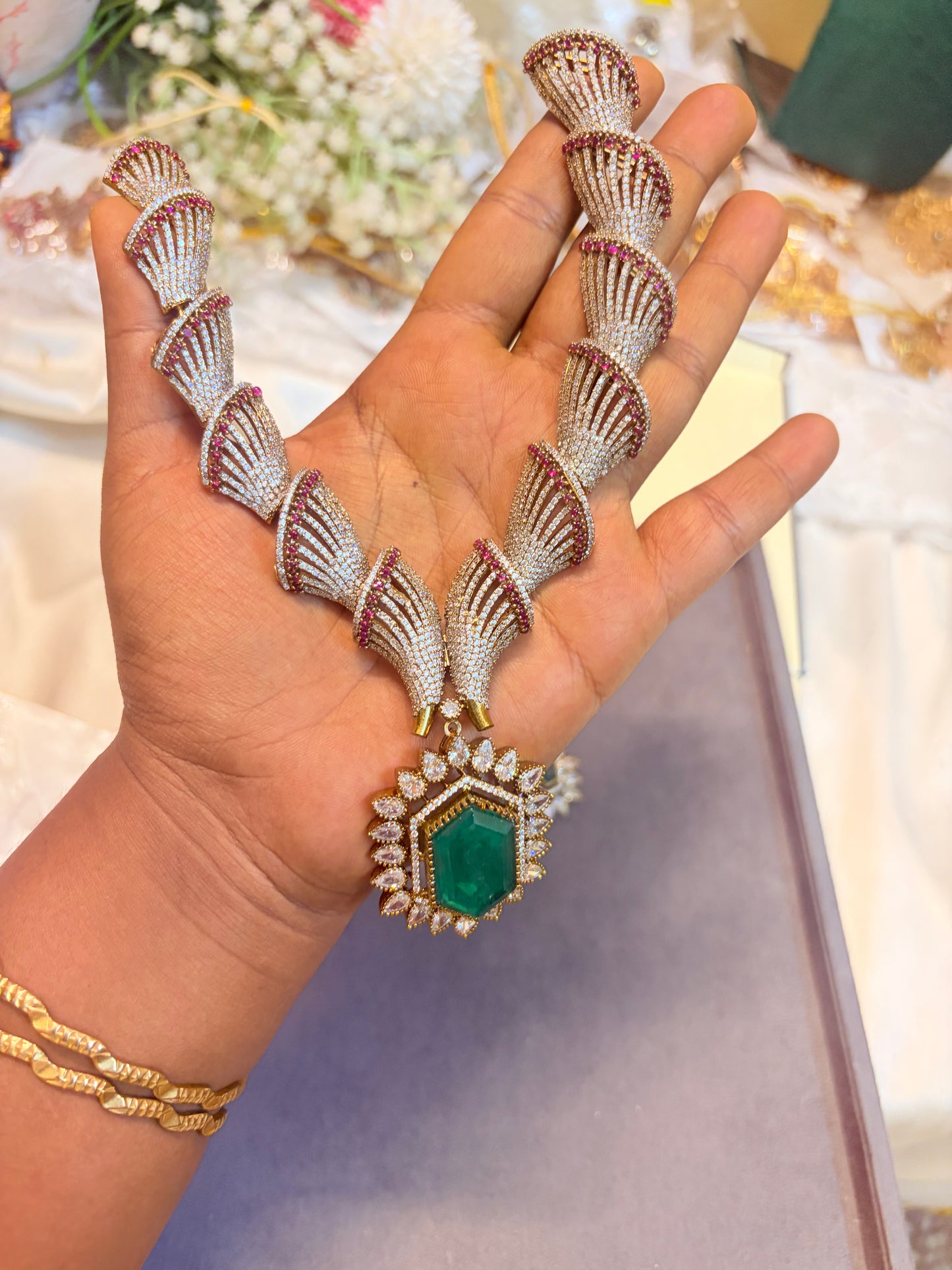 Designer Emerald stone Cz Statement necklace set