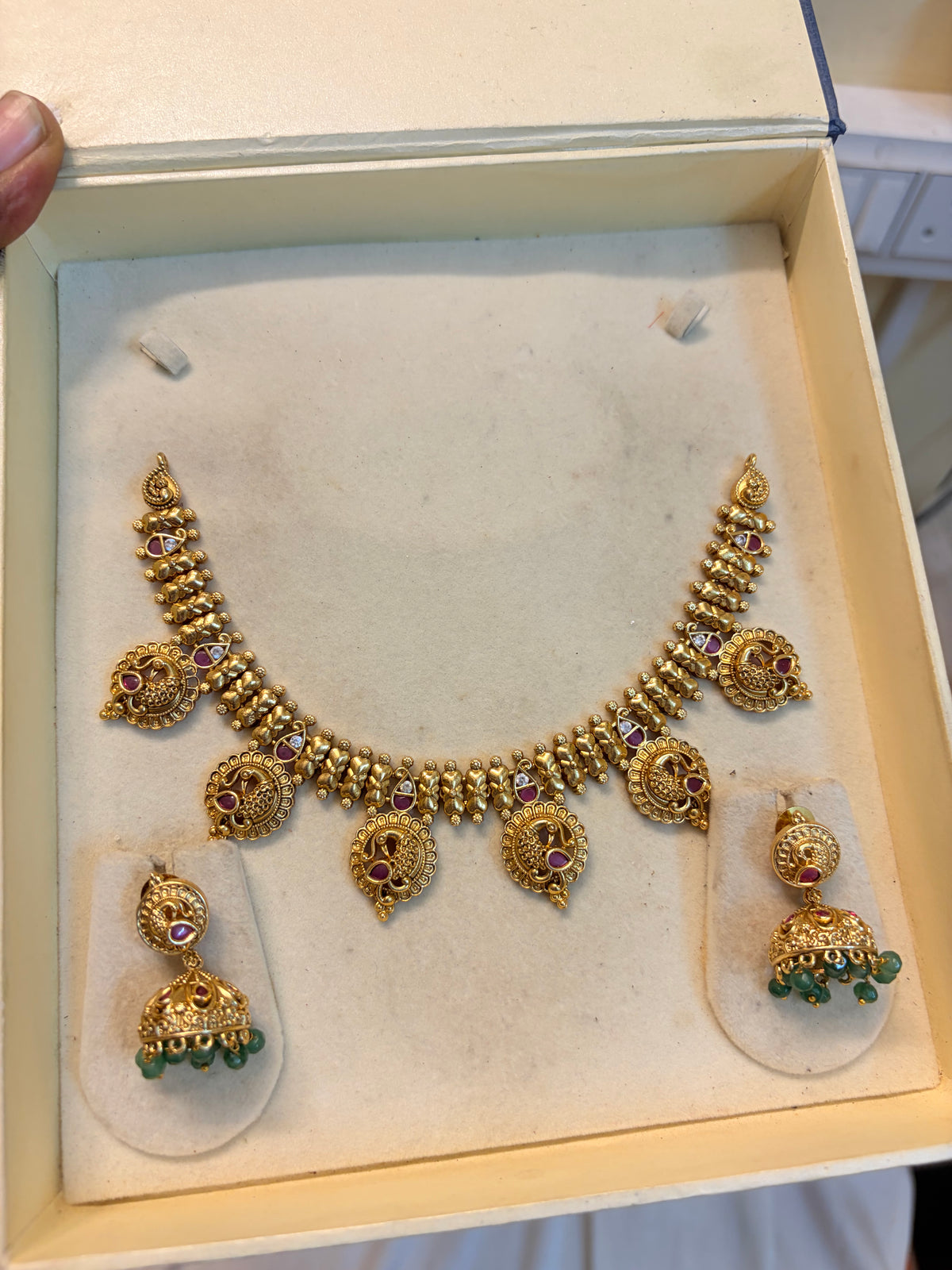 Gold antique finish peacock drop necklace set