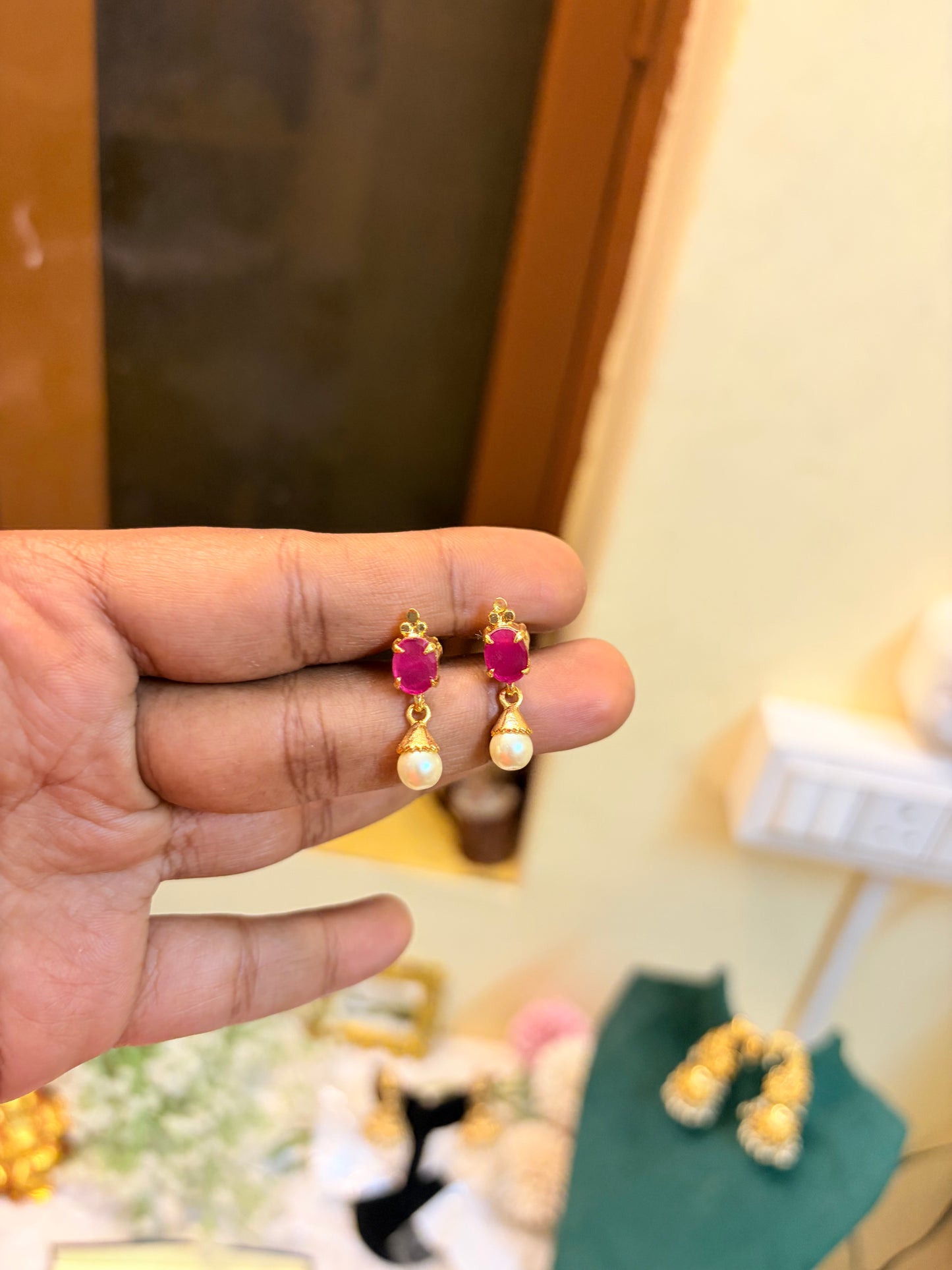Ruby pearl drop Panchaloham daily wear screw back earrings