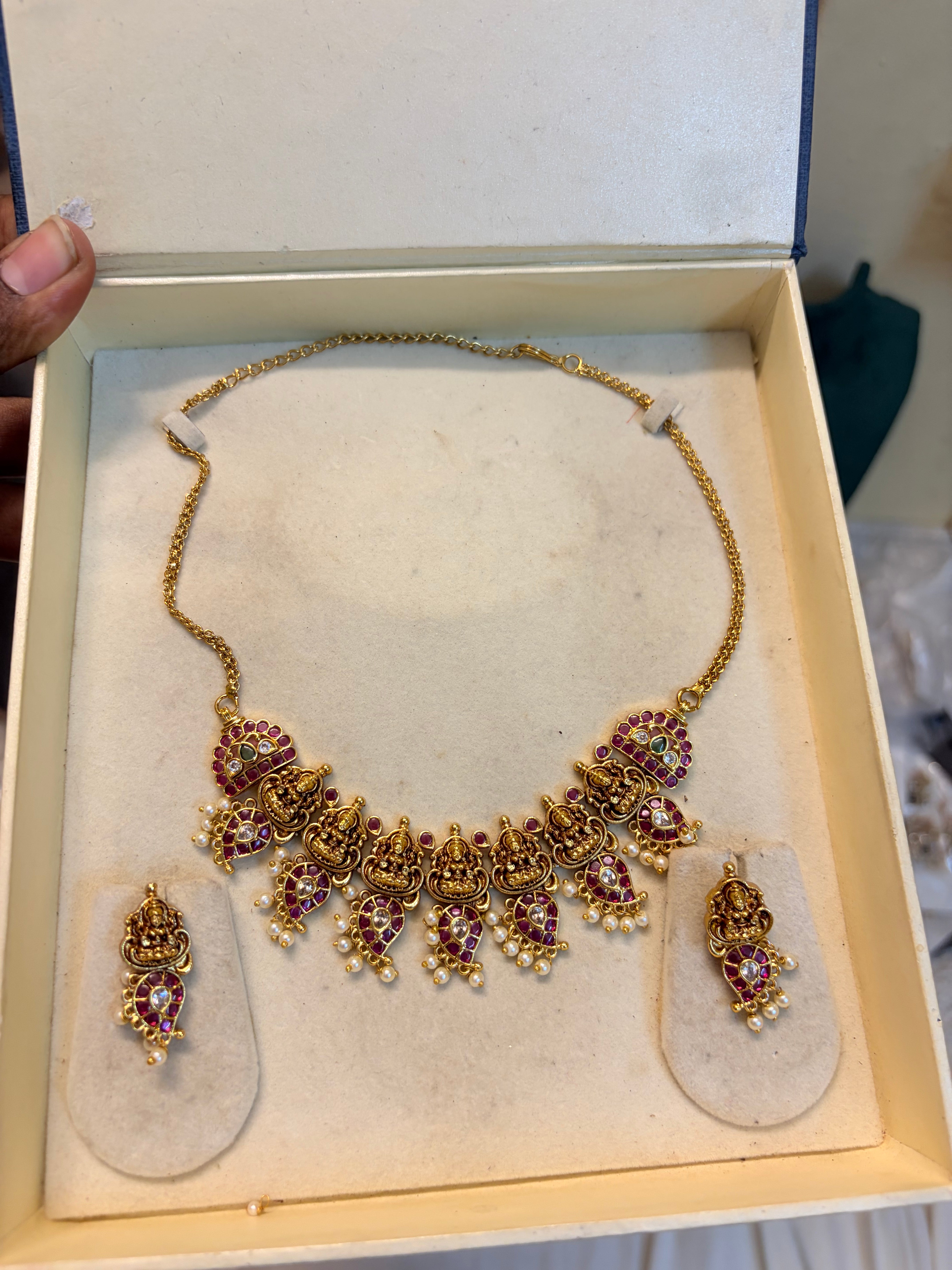 Gold antique finish kemp stones Lakshmi choker set premium quality