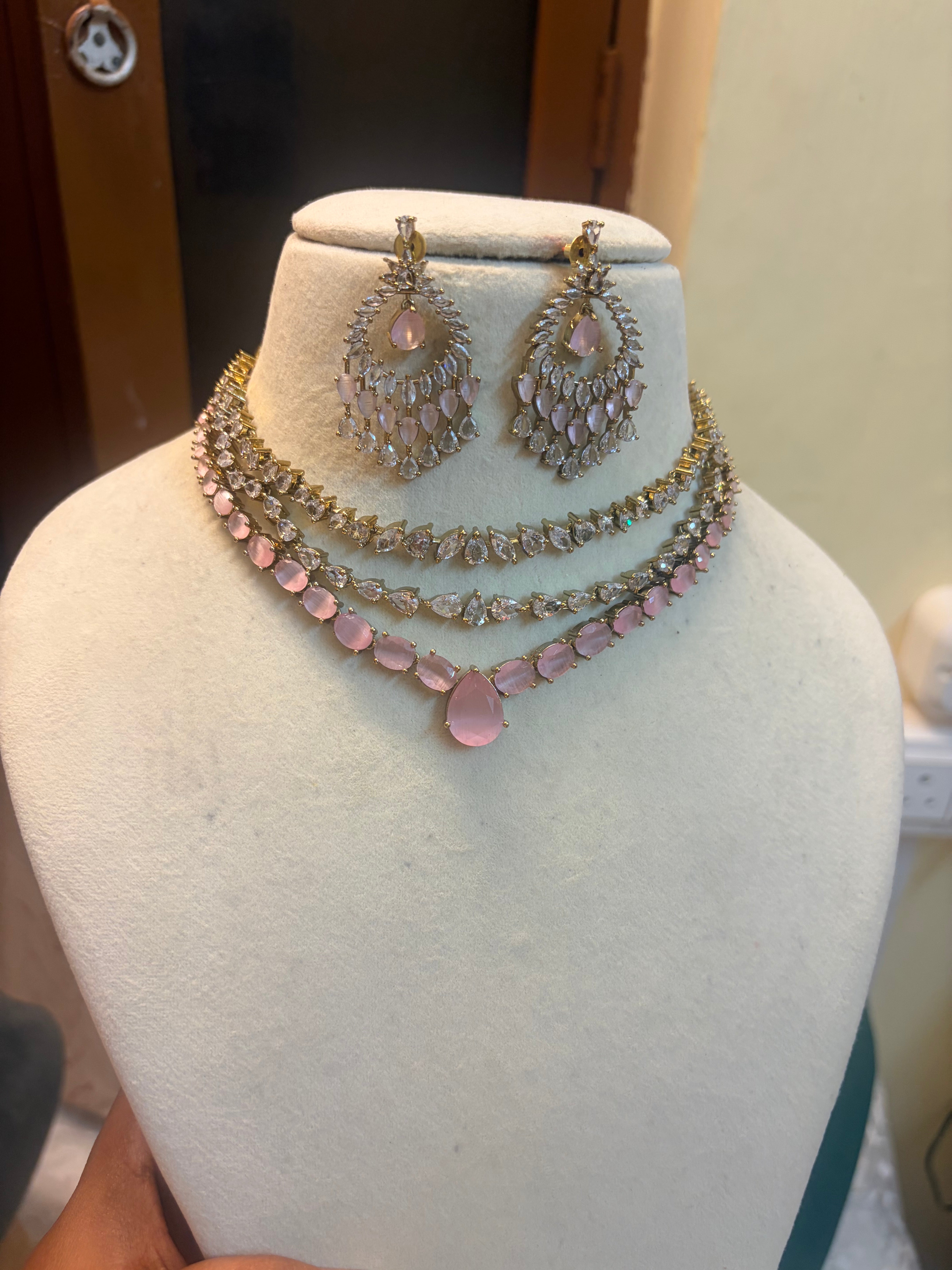 Blush pink zirconium stones triple layer necklace set