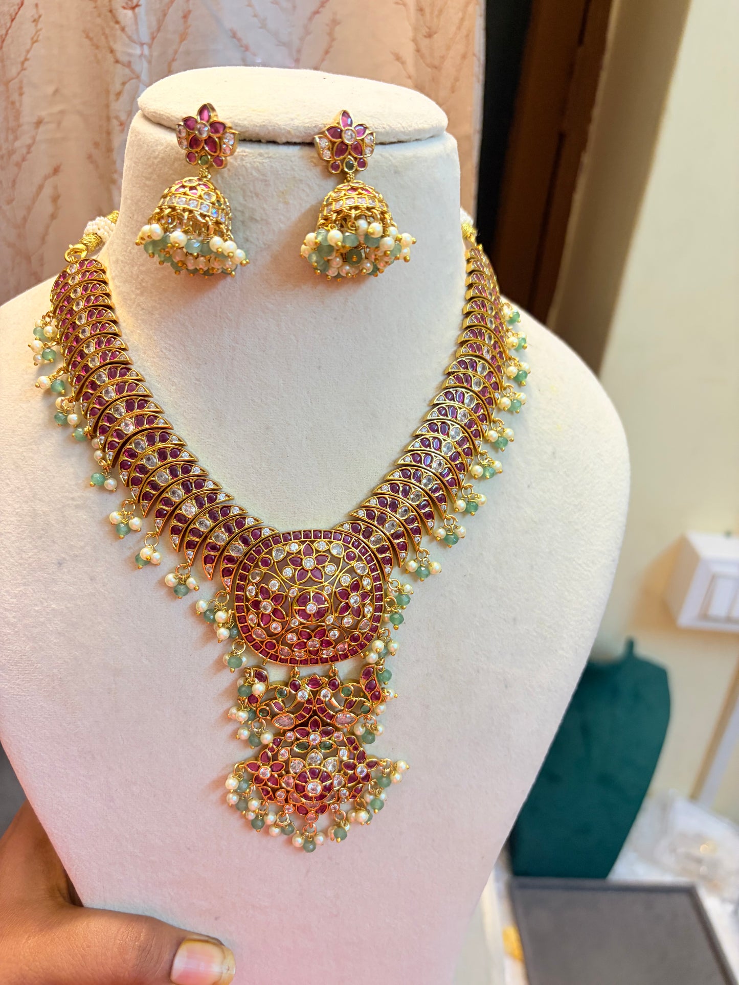 Pure kemp stones jadau brass made necklace set