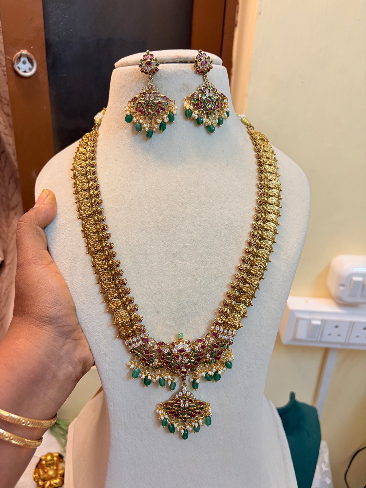 Gold Antique finish Lakshmi coin haram with kemp accents