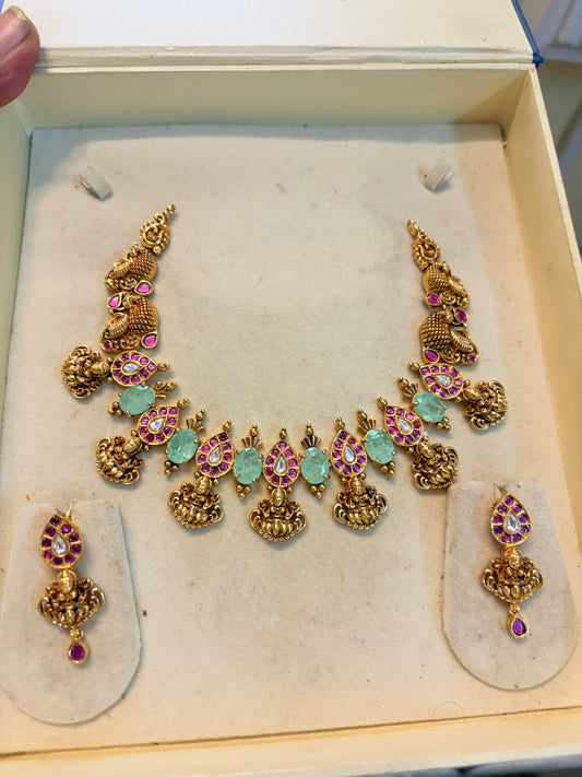 Pure kemp stones jadau gold antique finish necklace set premium quality