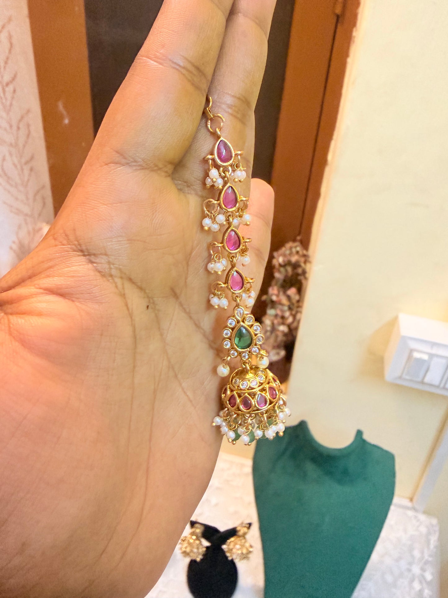 Ruby pink earchain with Jhumka attached