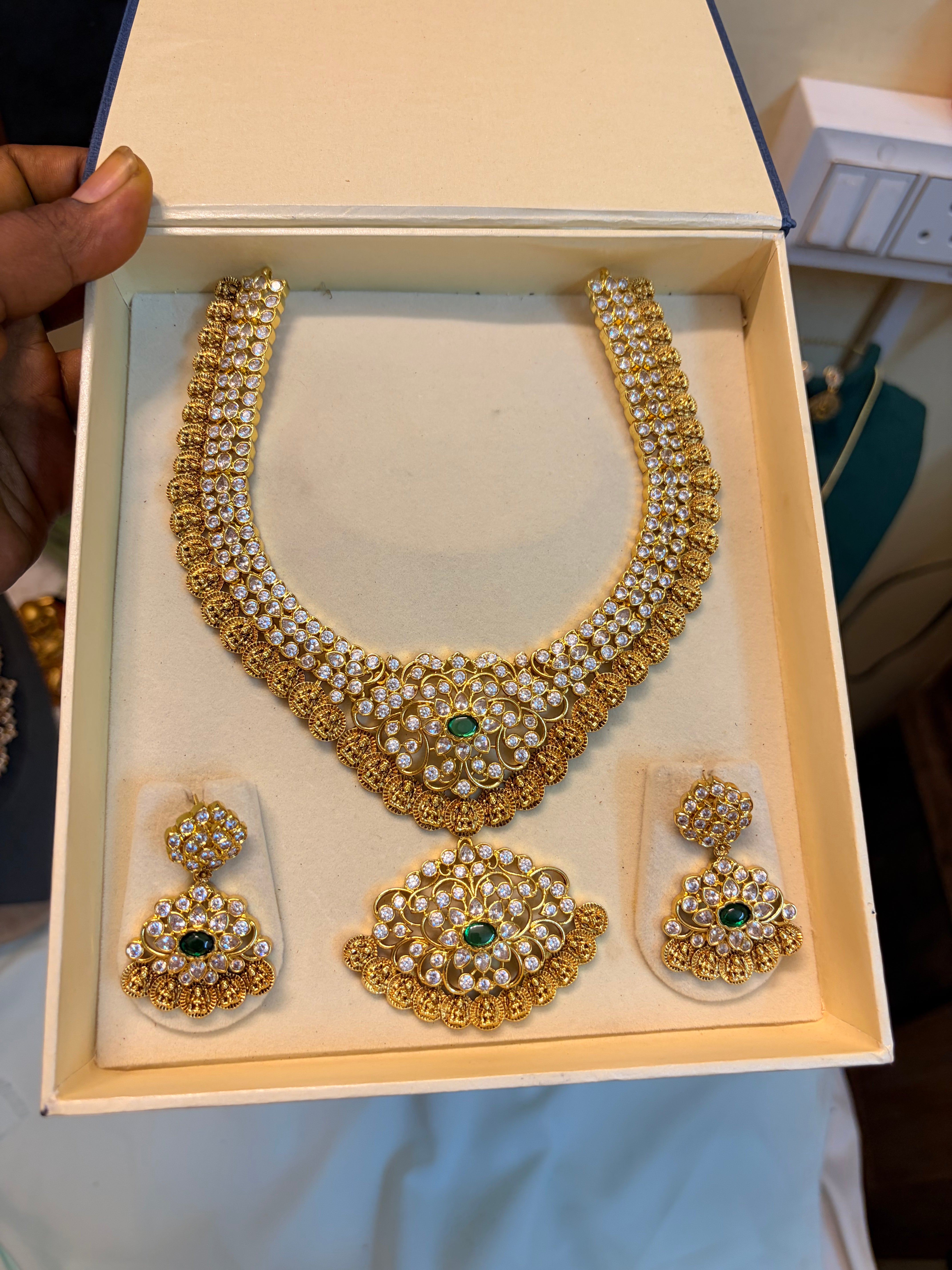 Heritage AD stones Gold inspired statement necklace set with screw back earrings