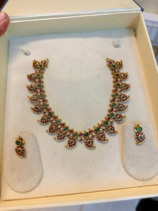 Real kemp stones jadau necklace set premium quality