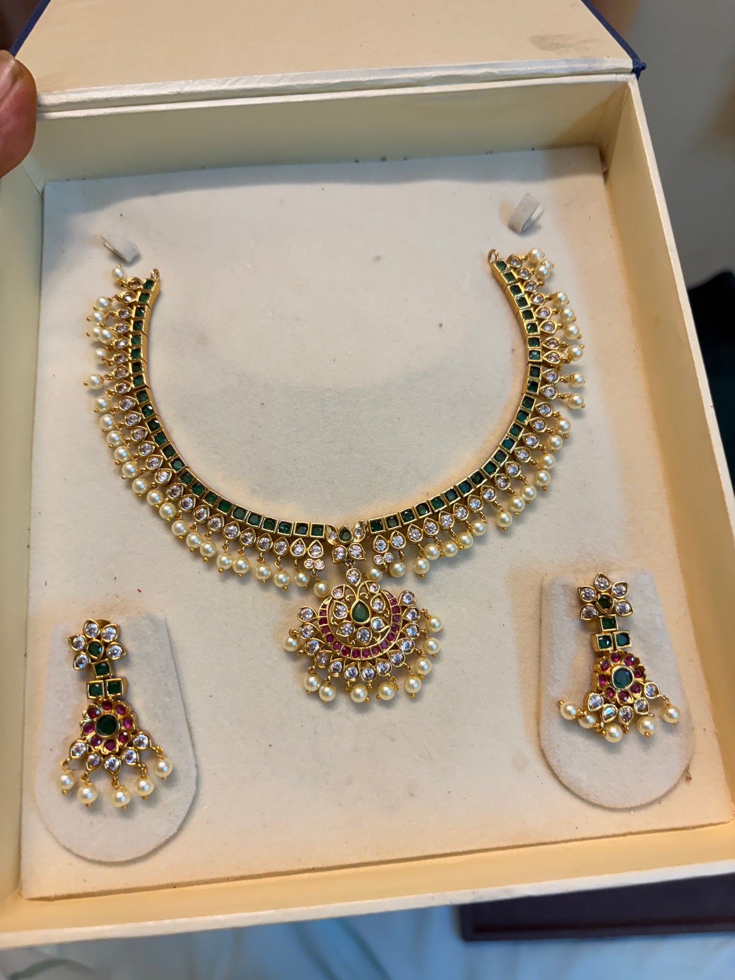 Emerald kemp stones jadau necklace set premium quality