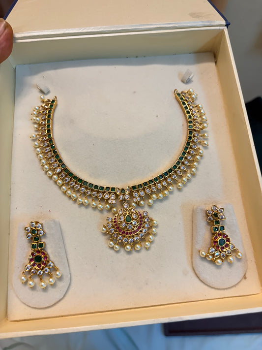 Emerald kemp stones jadau necklace set premium quality