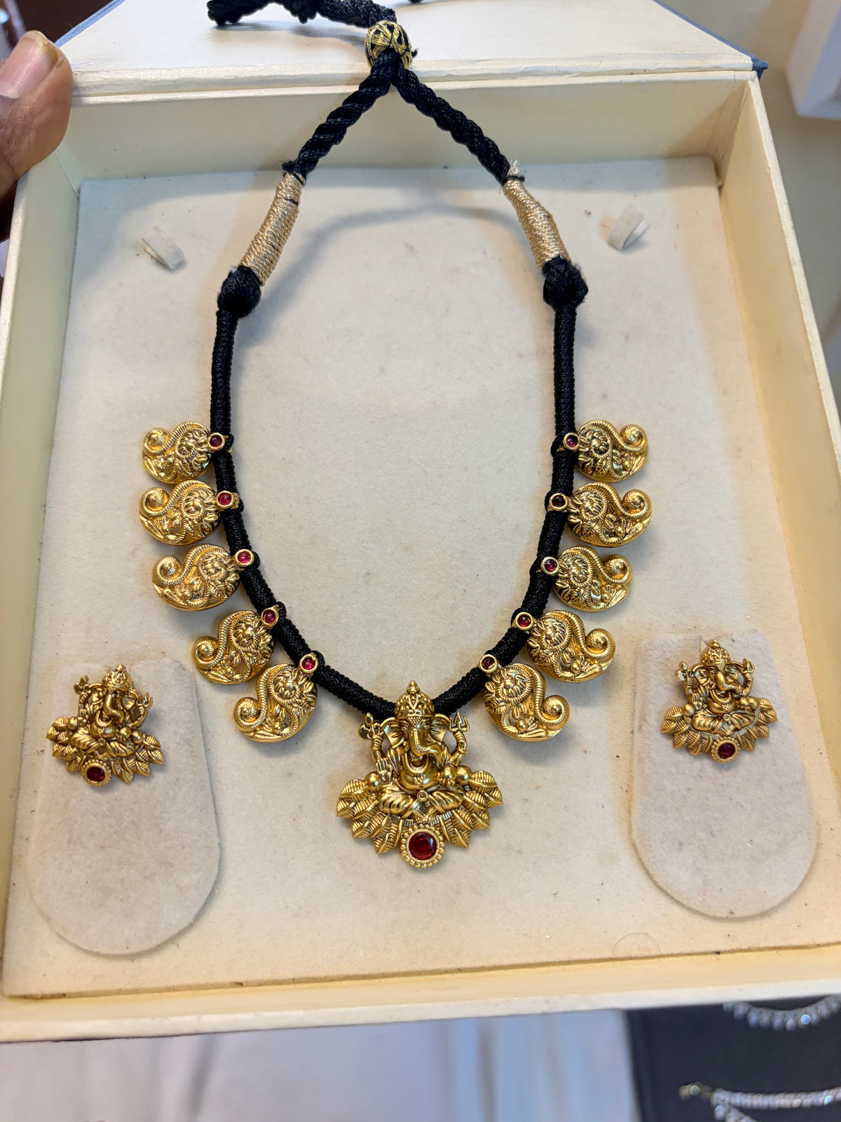 Gold antique Ganesh pendant motif  black Dori necklace set premium quality