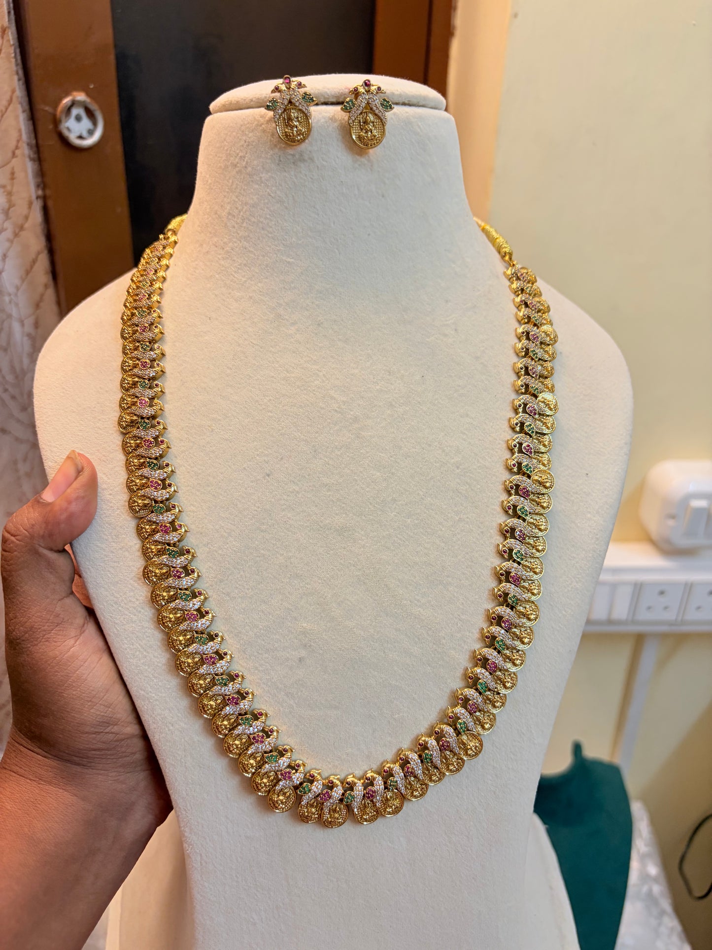 Gold inspired Lakshmi coin cz peacock motif haram