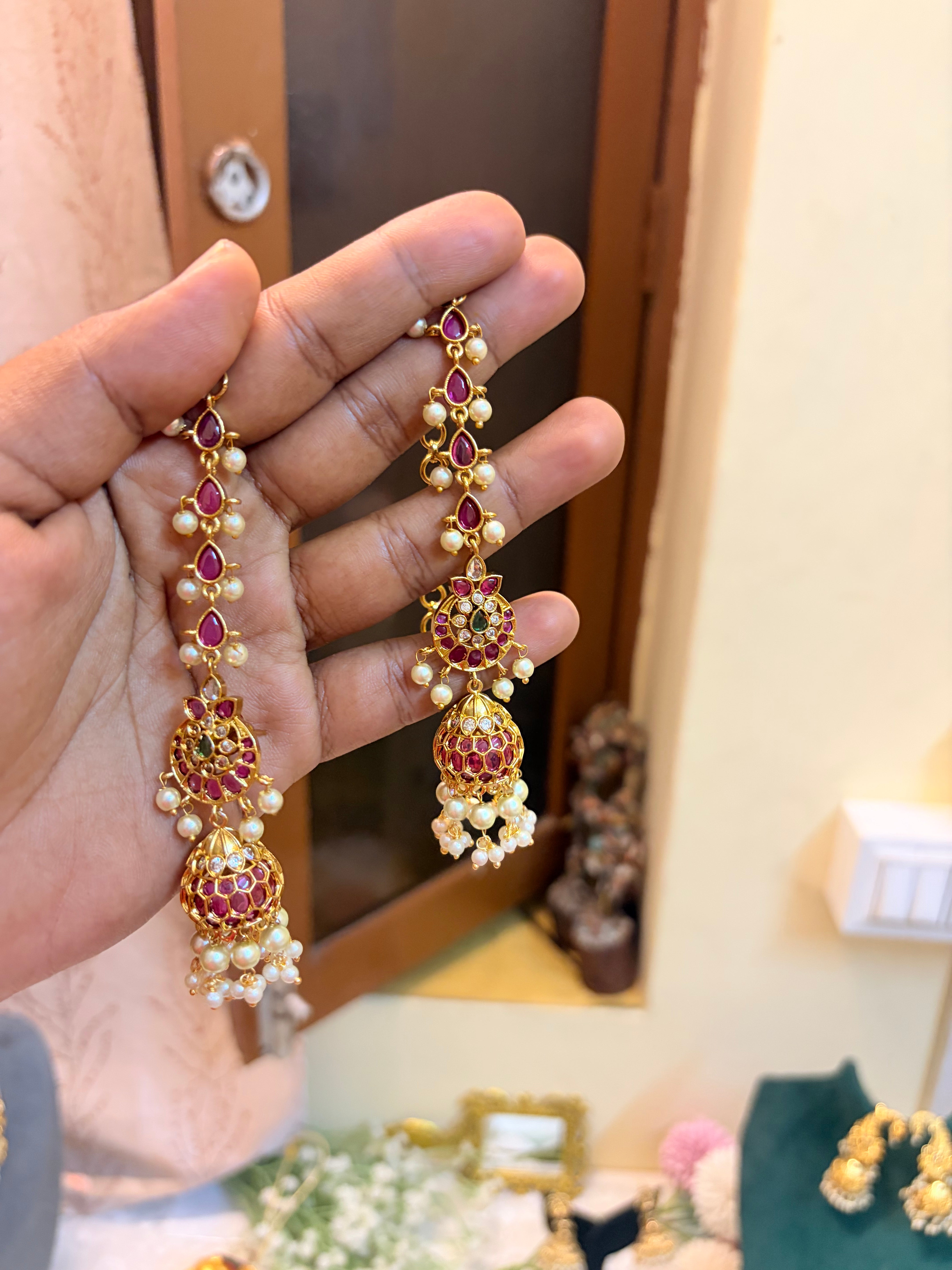 Real kemp stones jadau Jhumka with earchain