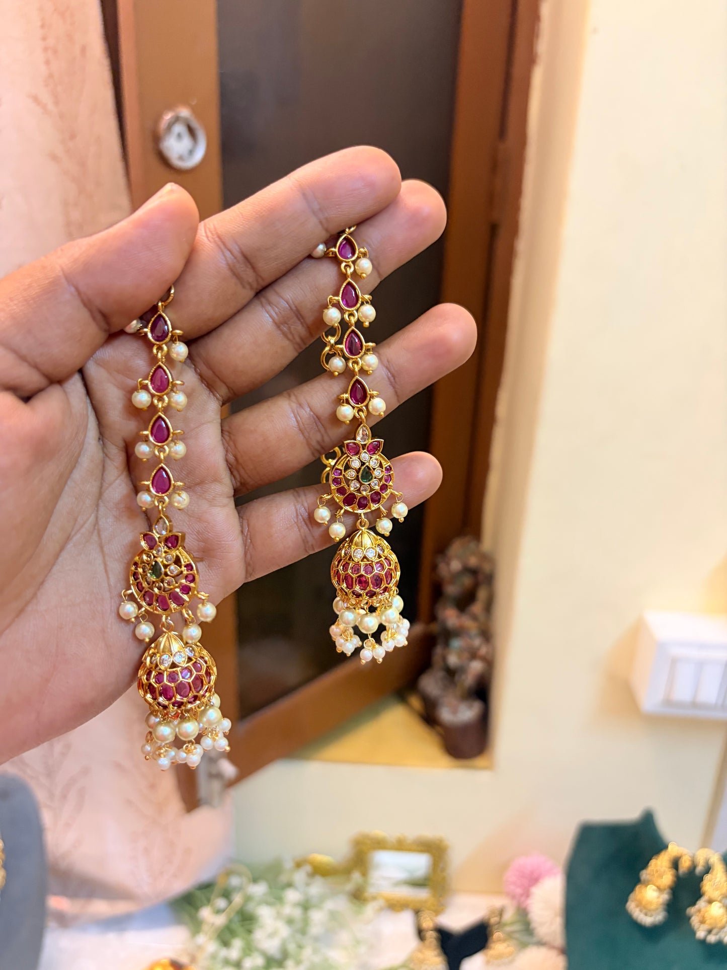 Real kemp stones jadau Jhumka with earchain