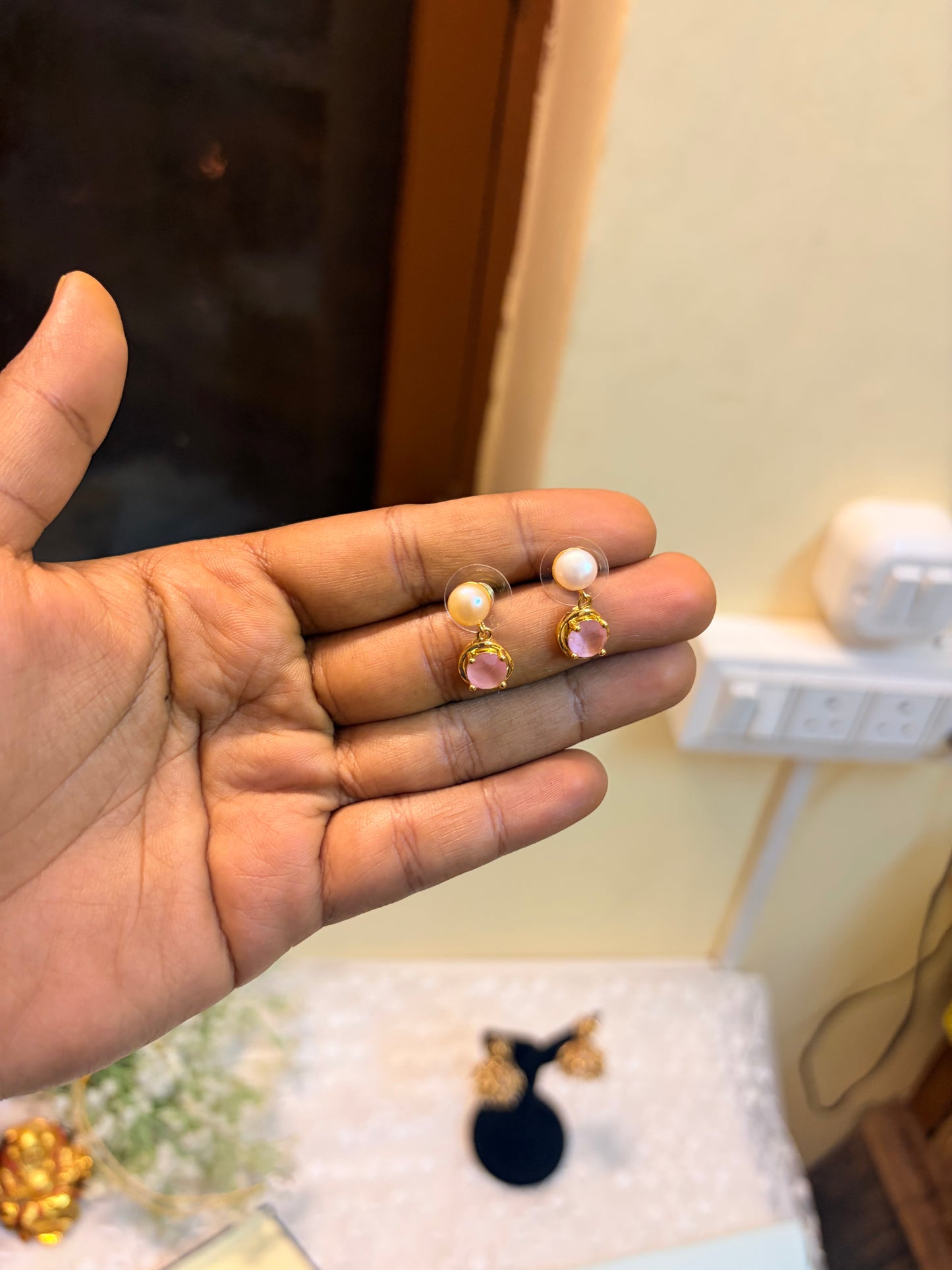 Rose Quartz pearl drop stud