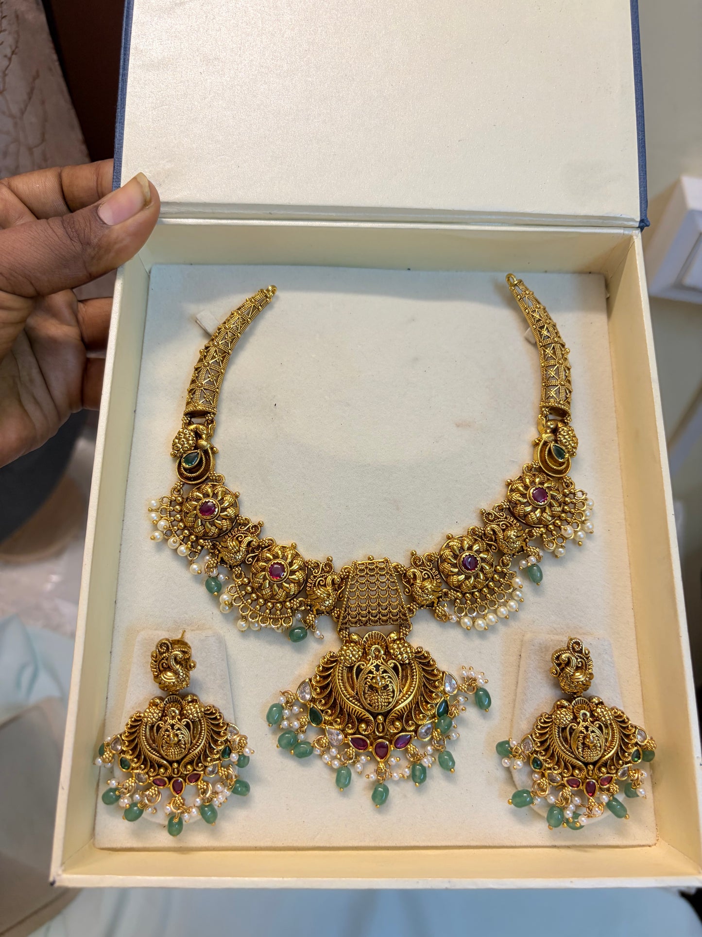 Gold antique finish jadau peacock necklace set