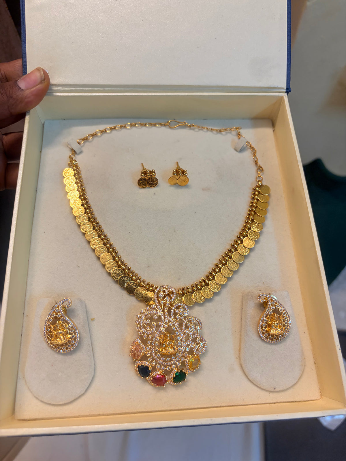 Cz stones pendant set Lakshmi coin necklace set premium quality