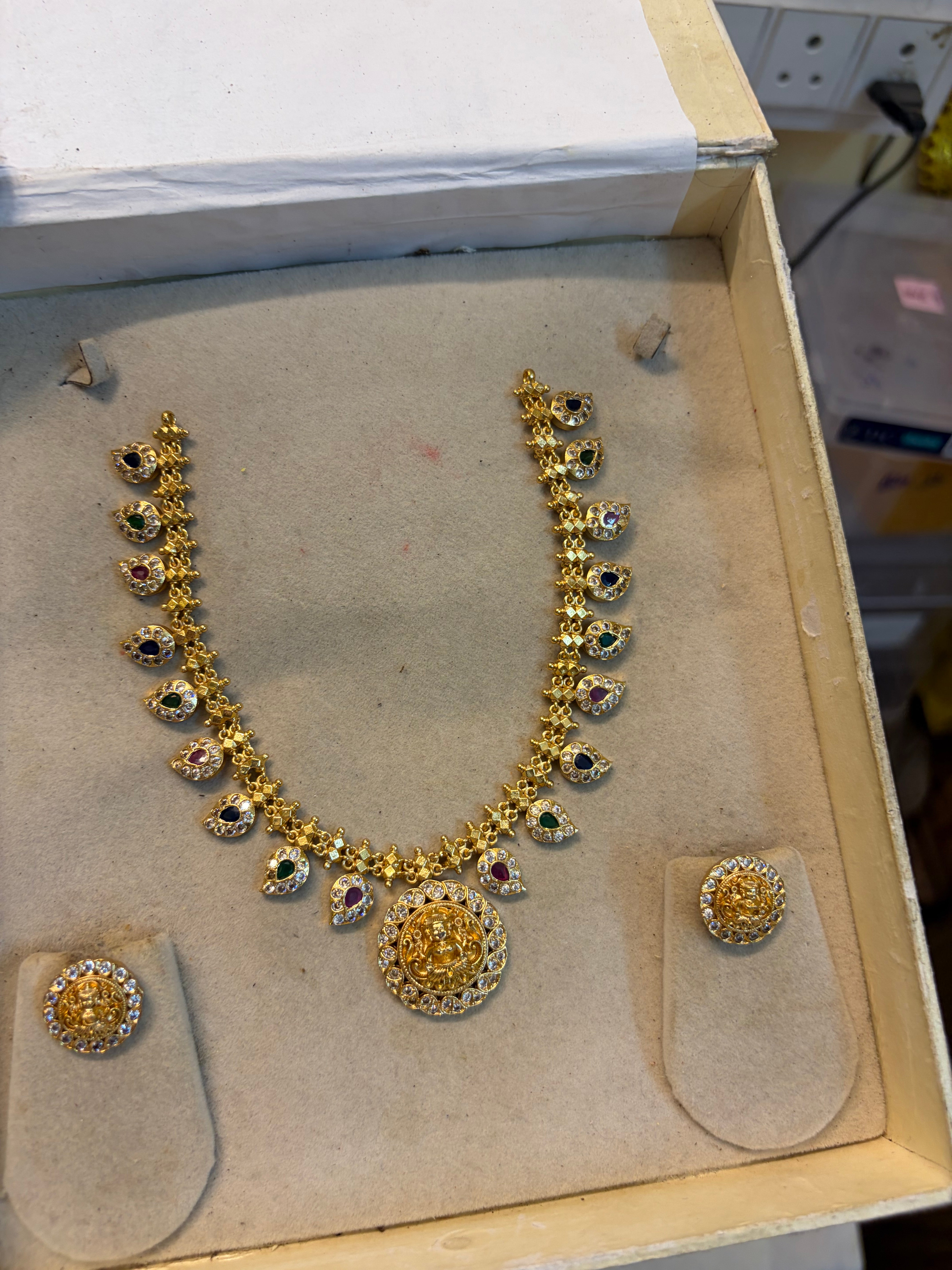 Cz stone gold plated Lakshmi necklace set