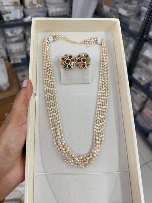 Luminous layers 6 layer pearl chain with cz navratna earrings