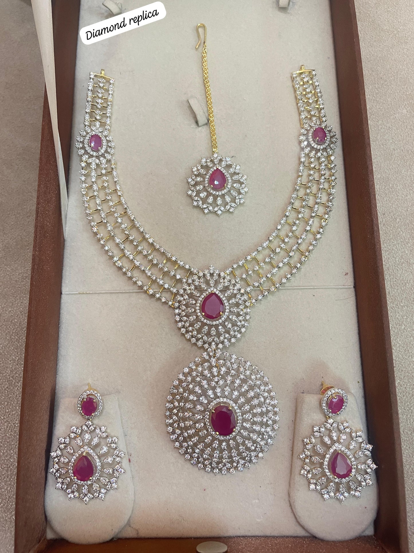 Diamond replica Gj polish necklace set with tikka