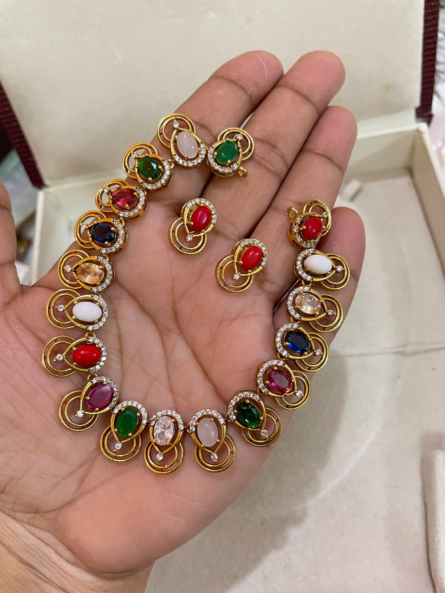 Gold antique finish Navaratna necklace set premium quality