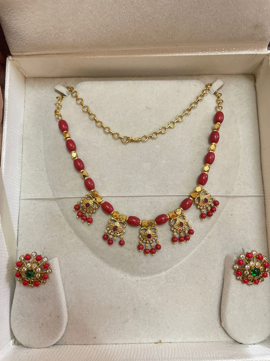 Coral gold antique finish necklace set premium quality