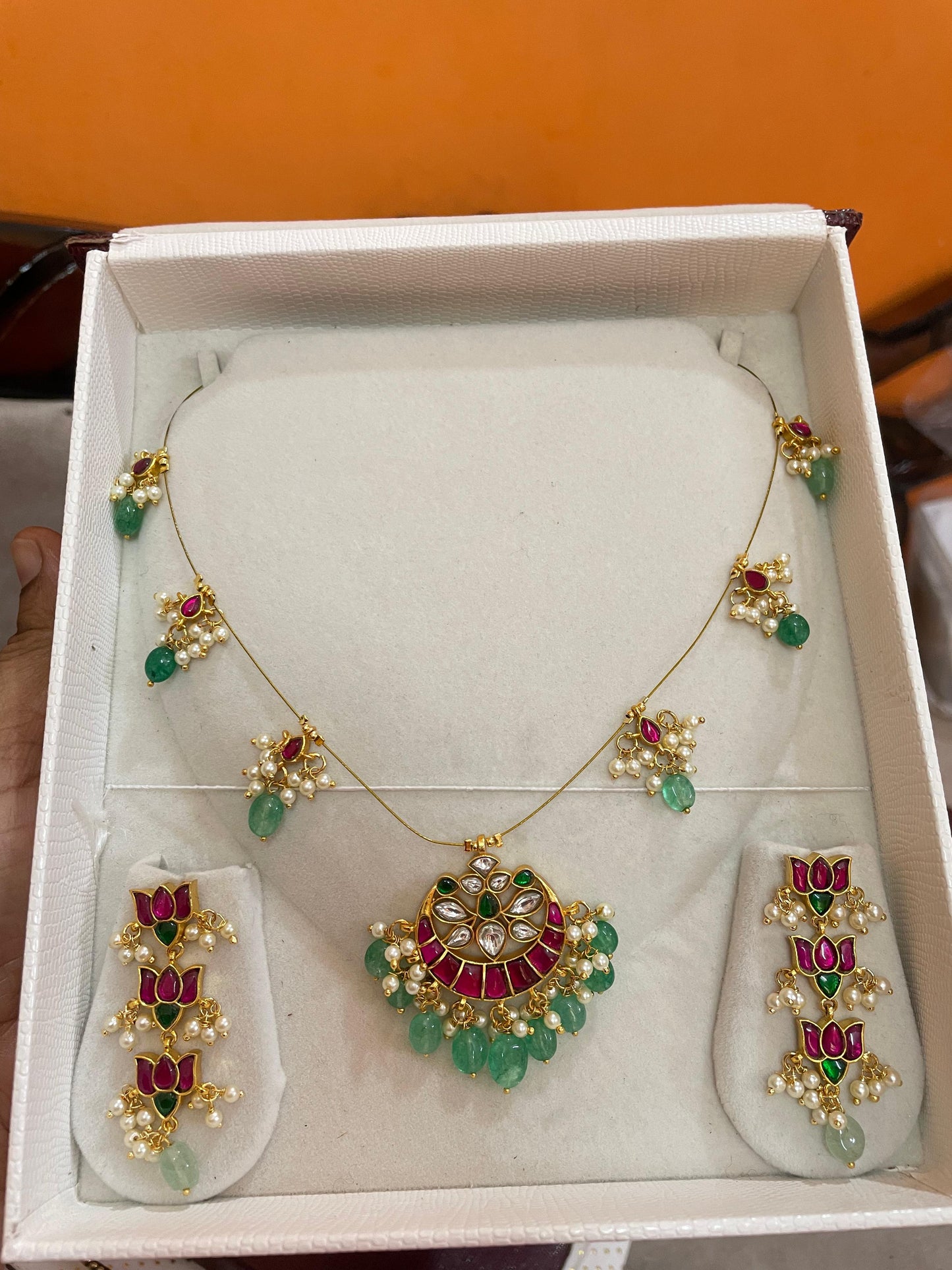 Jadau kundan invisible chain with lotus earrings
