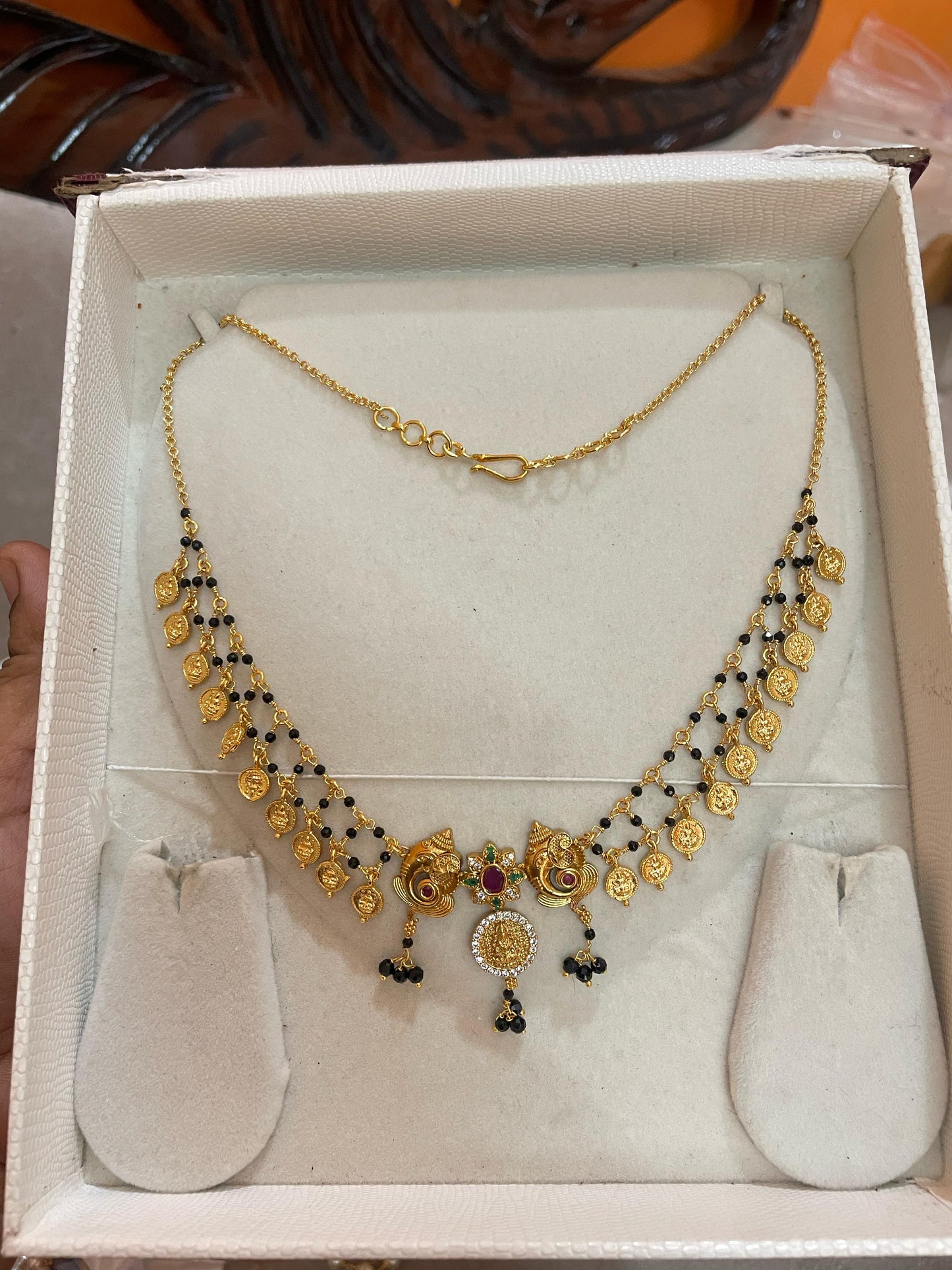 Lakshmi coin black beads chain