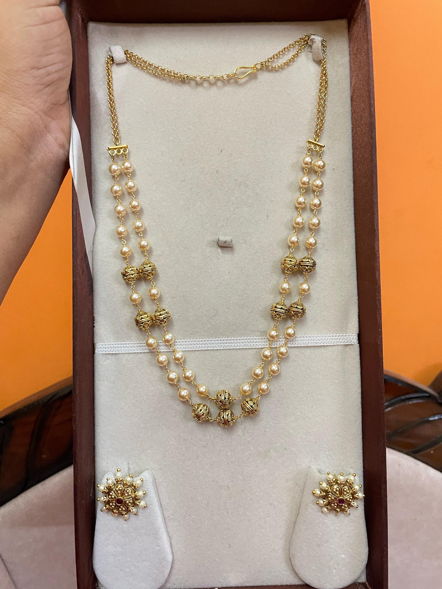 Handcrafted double layer Swarovski pearl chain with earrings