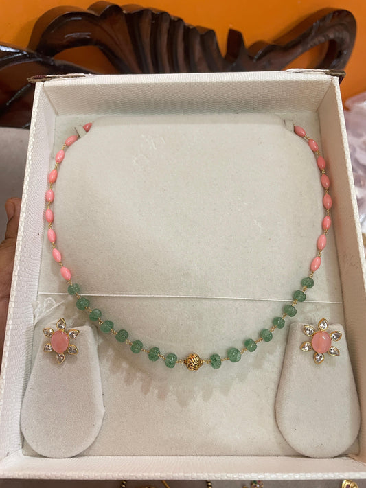 Regal pink green beads with floral stud