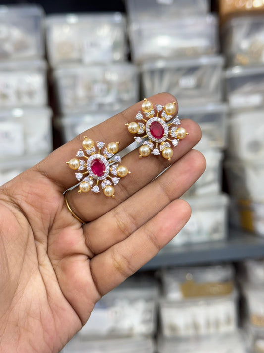 Ruby pearl floral screw back earrings