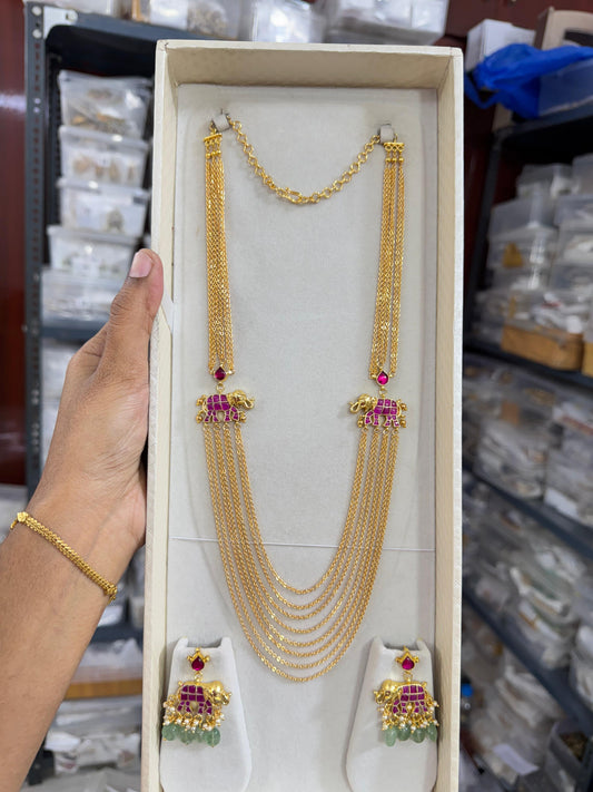 Gold inspired elephant motif chandraharam