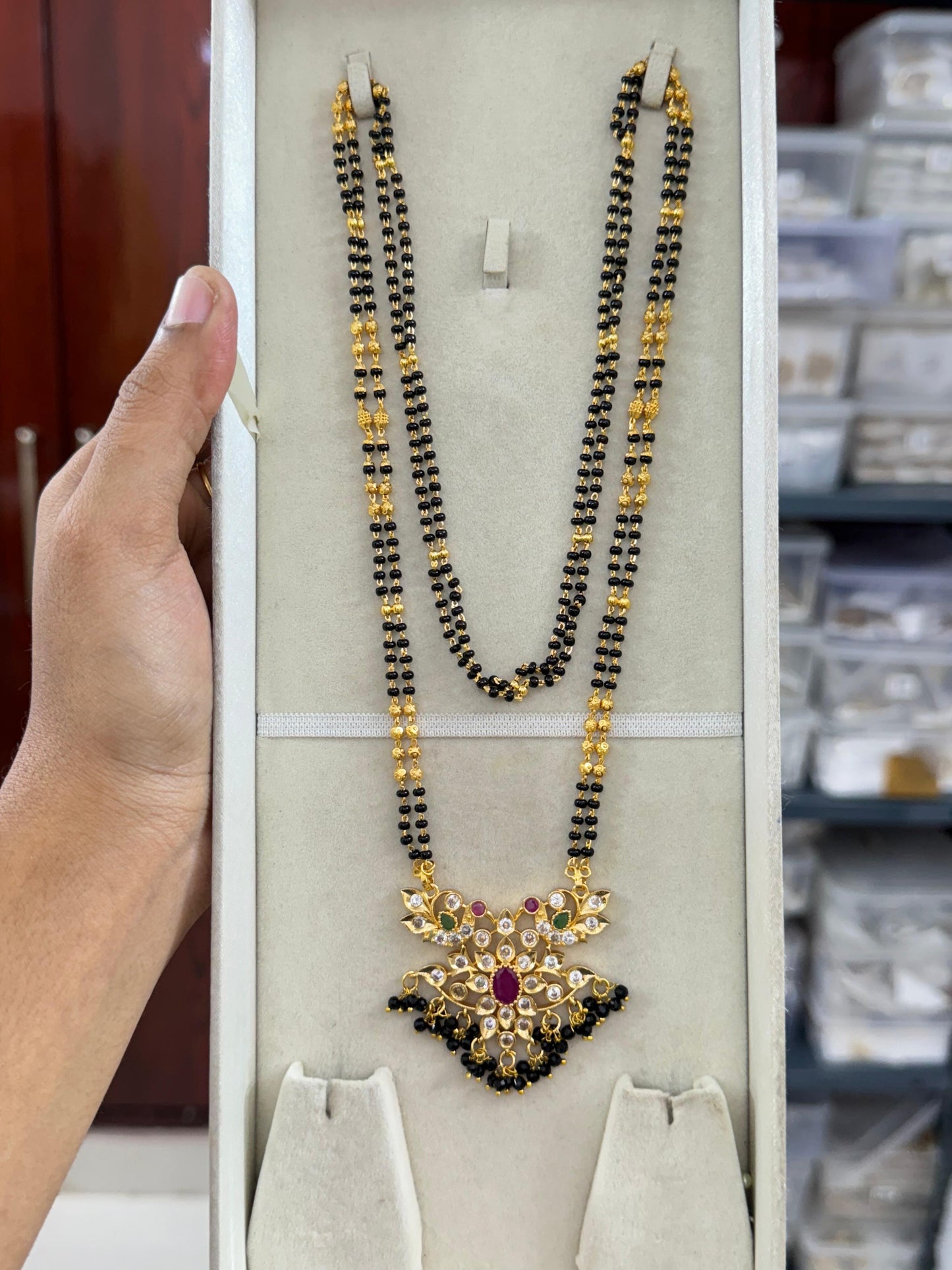 Antique black beads chain cz locket 24inches